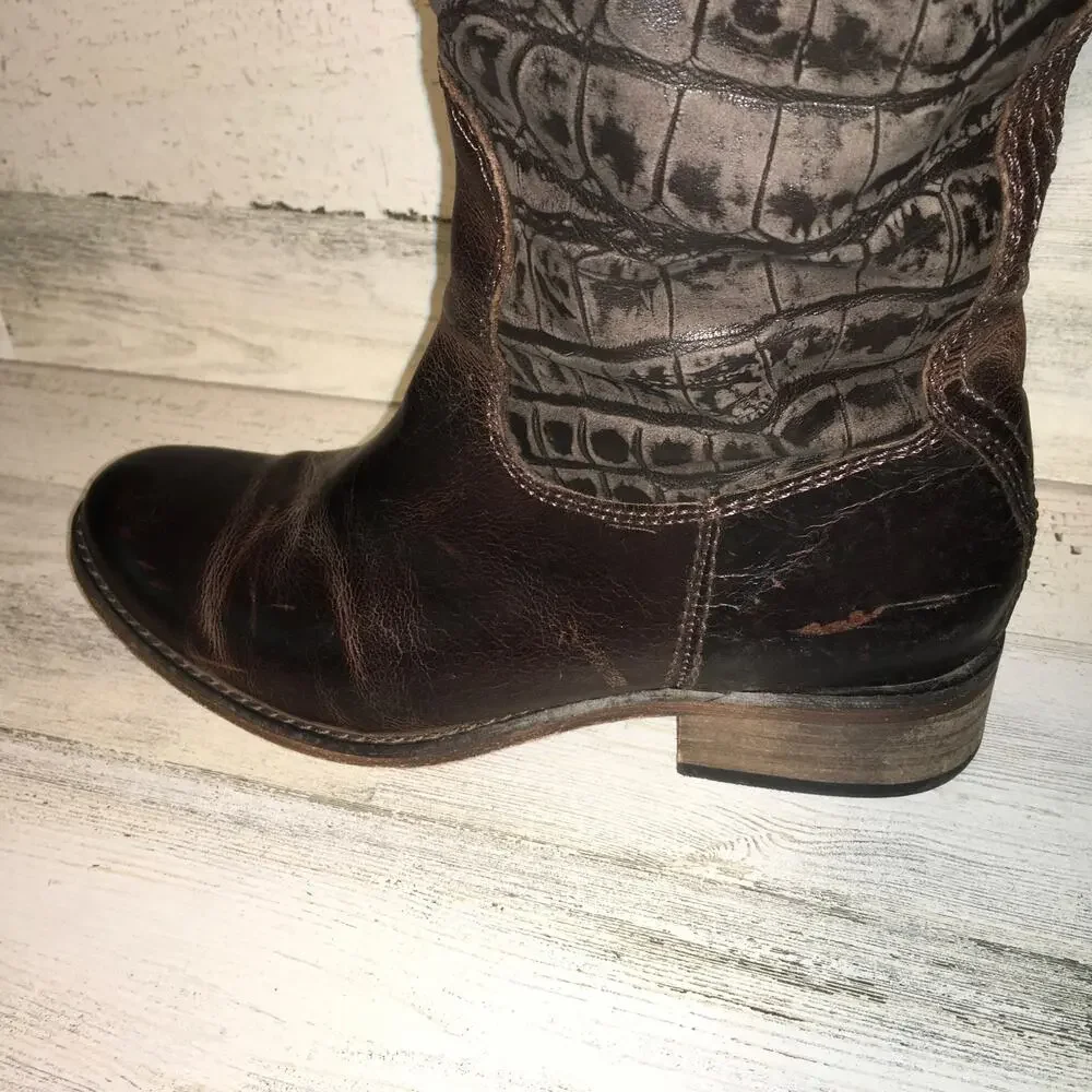 Lucchese Spirit Bailey Croc Embossed Leather Riding Boot Womens 6 Brown Tall